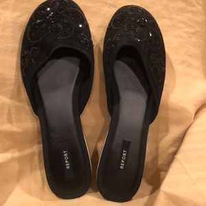 Report beaded black suede flat mules.